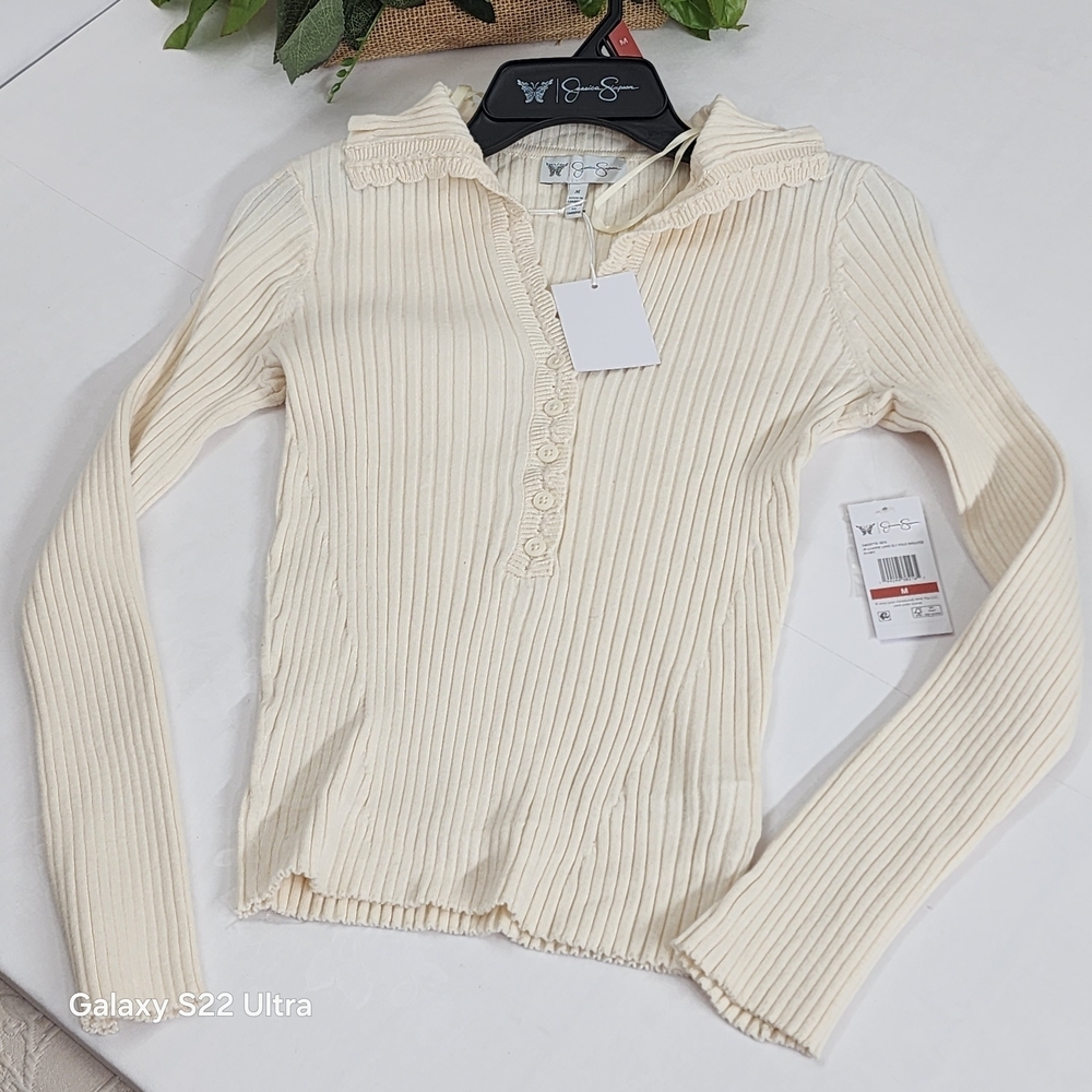 Cream Ribbed Button-Front Long Sleeve Top